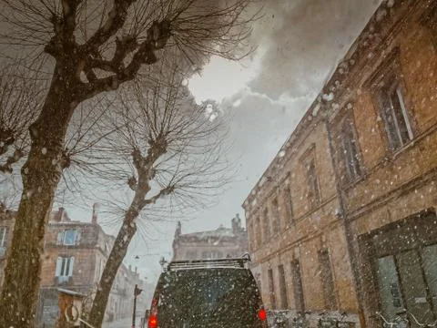 Blurred view from car windscreen during spectacular storm with heavy rain Stock Photos
