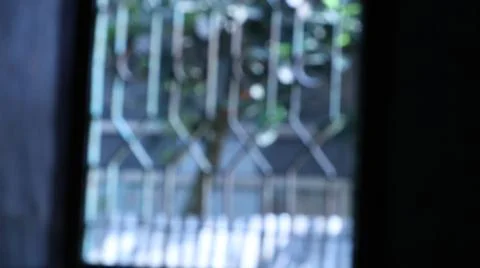 Blurred view through metal gate with greenery outside outdoors fence Stock Photos