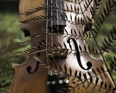 Blurred violin put at the back of dried flowe 스톡 사진