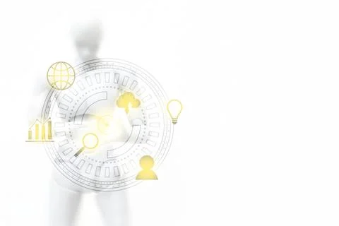Blurred White Robot Cyborg Man with Hand Touching on Motion Hi Tech Circle .. Illustrazione stock