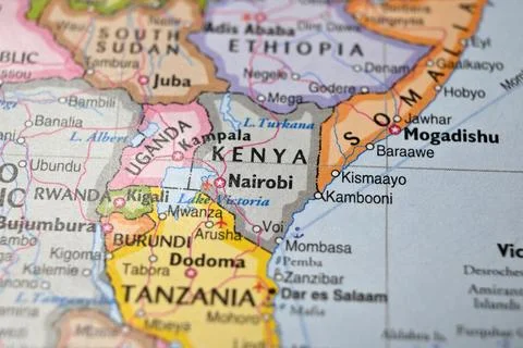 Blurred World Map Highlighting Kenya Travel, Geography, and Global Location.. 스톡 사진