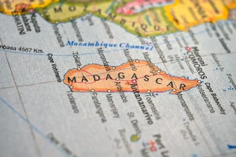 Blurred World Map Highlighting Madagascar Travel, Geography, and Global Loc.. Stock Photos