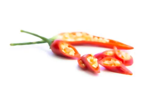 Blurring cut and sliced of red chili pepper ingredient Stock Photos