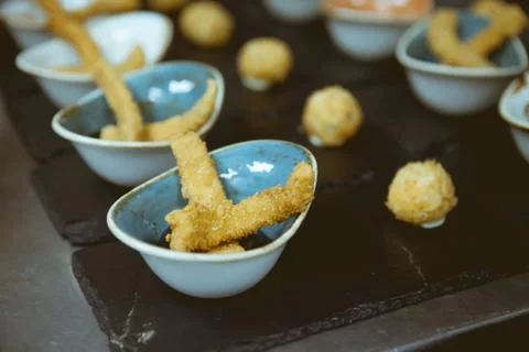 Blurry background of food sort on table in five star hotel restaurant for lux Stock Photos