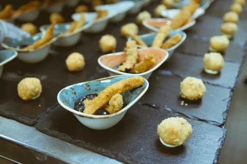 Blurry background of food sort on table in five star hotel restaurant for lux Stock Photos