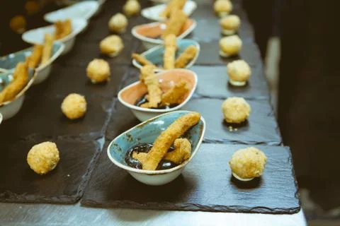 Blurry background of food sort on table in five star hotel restaurant for lux Stock Photos