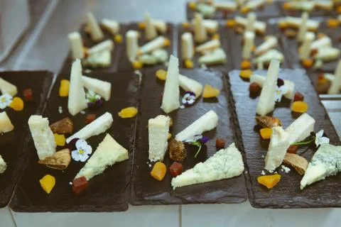 Blurry background of food sort on table in five star hotel restaurant for lux Stock Photos