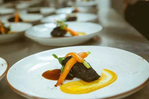 Blurry background of food sort on table in five star hotel restaurant for lux Stock Photos