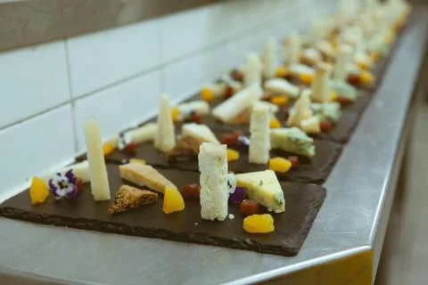 Blurry background of food sort on table in five star hotel restaurant for lux Stock Photos