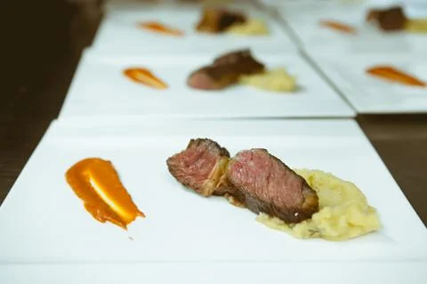 Blurry background of food sort on table in five star hotel restaurant for lux Stock Photos