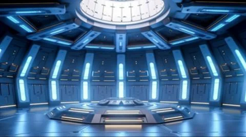 Blurry background of Futuristic sci-fi hall room with dome and pedestal Stock Illustration