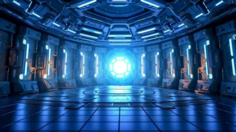 Blurry background of Futuristic sci-fi hall room with dome and pedestal Stock Illustration