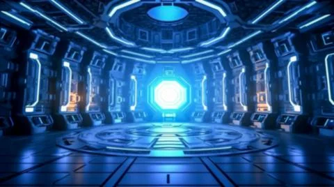 Blurry background of Futuristic sci-fi hall room with dome and pedestal Stock Illustration