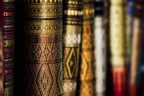 Blurry of Beautiful Thai silk pattern background, shallow depth of field Stock Photos