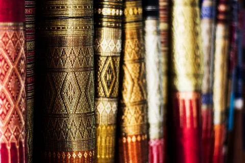 Blurry of Beautiful Thai silk pattern background, shallow depth of field Stock Photos