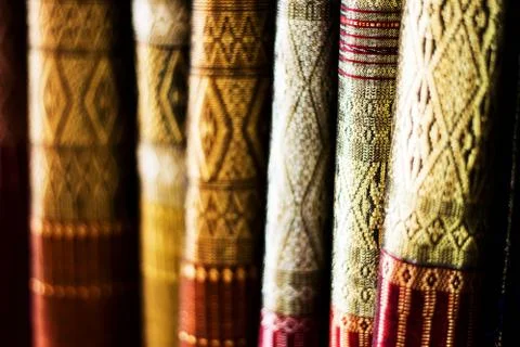 Blurry of Beautiful Thai silk pattern background, shallow depth of field Stock Photos
