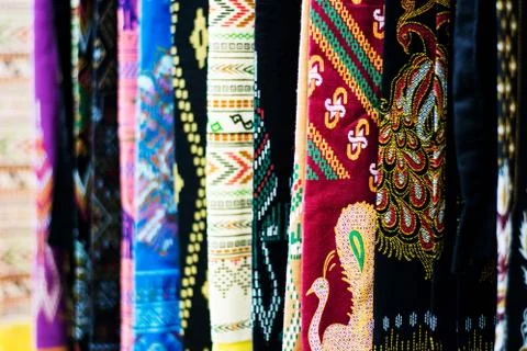 Blurry of Beautiful Thai silk pattern background, shallow depth of field Stock Photos