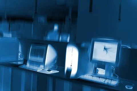 Blurry blue computer lab Stock Photos