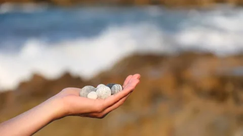 Blurry defocus Beautiful round gray and white sea stones lie in a female hand Stock Footage 134807587