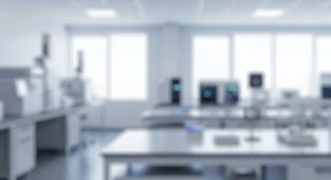 Blurry empty modern science laboratory room interior with bright windows and  Stock Photos