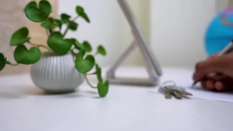 Blurry image of a hand reaching for a tablet on a stand, with a plant in th.. Stock Footage 317131718