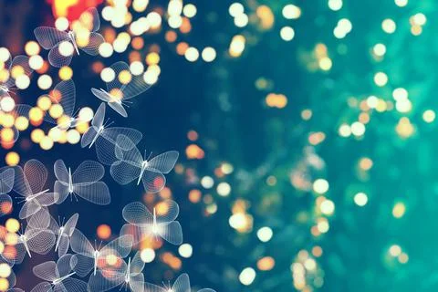 Blurry lights background and abstract mesh moth butterflies. 3d illustration Stock Illustration