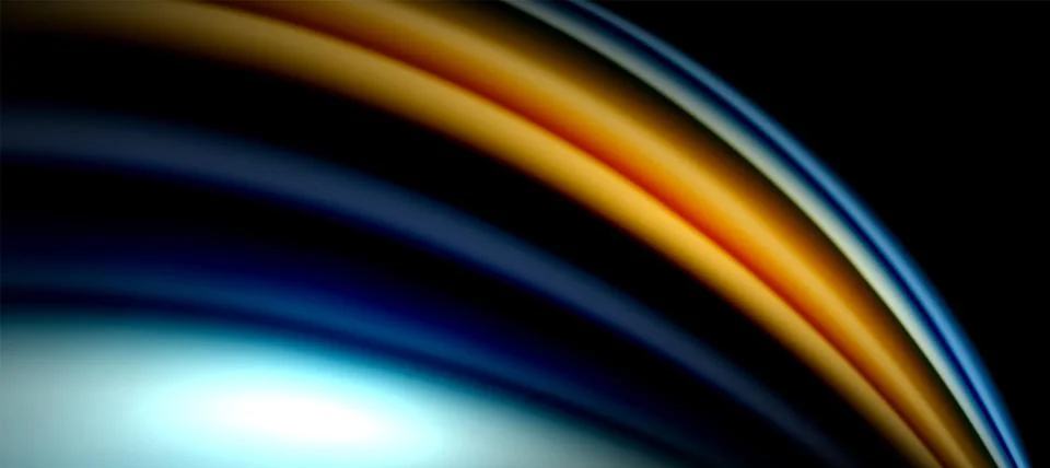 Blurry rainbow image on black background with electric blue circle pattern Stock Illustration