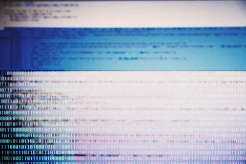 Blurry screenshot of program or software code with sequence of bits Stock-Fotos