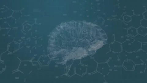 Blurry shape sharpening into wireframe brain rotating, molecules fading for Stock Footage 312083268