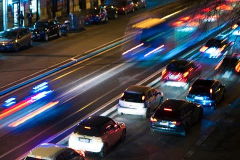 Blurry traffic in the night Stock Photos