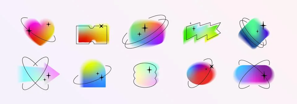 Blurry vector template shapes set y2k aura brutalism effect, orbits, stars 스톡 일러스트