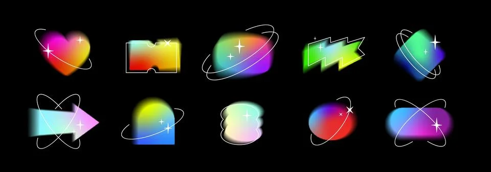 Blurry vector template shapes set y2k aura brutalism effect, orbits, stars イラスト素材