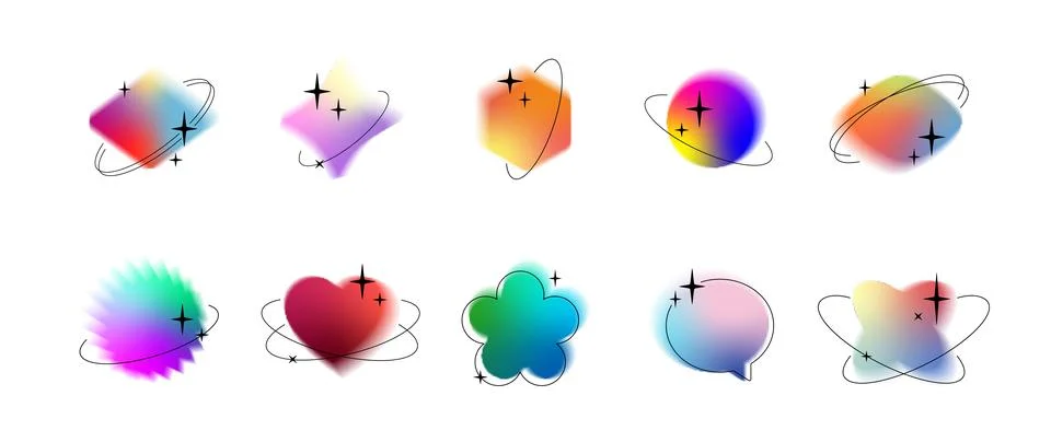 Blurry vector template shapes set y2k aura brutalism effect, orbits, stars Ilustración de archivo