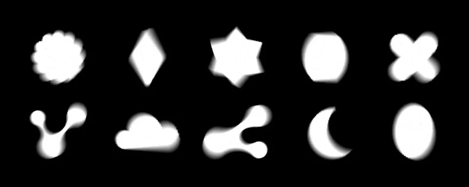 Blurry vector template shapes set with y2k aura brutalism effect. White on black Stock Illustration
