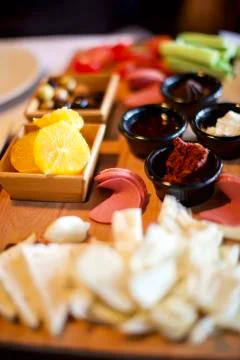 Blurry view of breakfast table Stock Photos