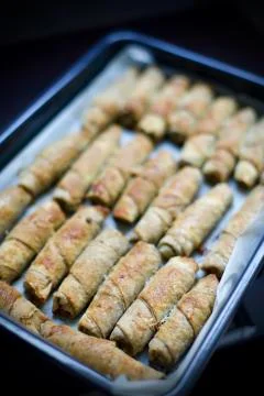 Blurry view of home made spring rolls. It contains lentils, poppy, minced meat, Stock-Fotos