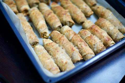 Blurry view of home made spring rolls. It contains lentils, poppy, minced meat, Stock-Fotos