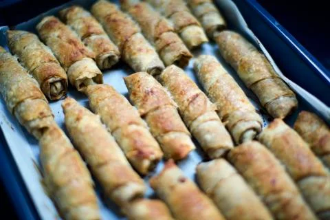 Blurry view of home made spring rolls. It contains lentils, poppy, minced meat, Stock Photos