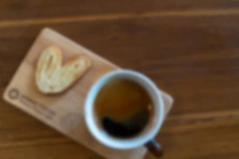 Blury background coffee in the morning, two cup of espresso on wood table in  스톡 사진