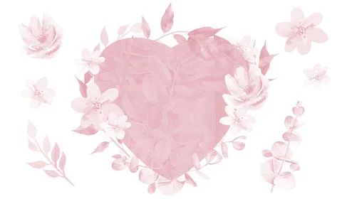 Blush Pink Flower Frame in shape of Heart. Watercolor Flower plant elements for Illustrazione stock
