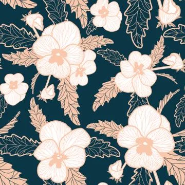 Blush pink pansy pattern on forest green background. Flower vector seamless Stock Illustration