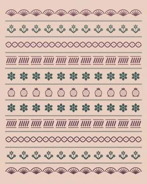 A blush surface displays orderly horizontal bands of fans, flowers, vines, .. Stock Illustration