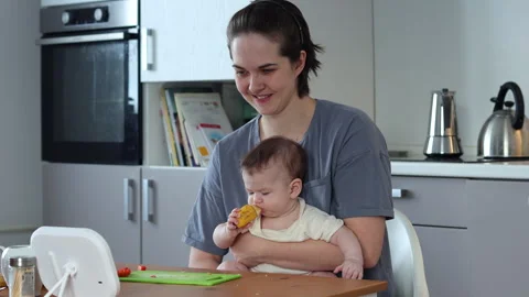 BLW. Bananas are common, high-energy foods for babies Stock Footage 329468049