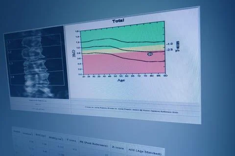 BMD Woman's Lumbar spine bone mass image The graph has a standard point below Stock Photos