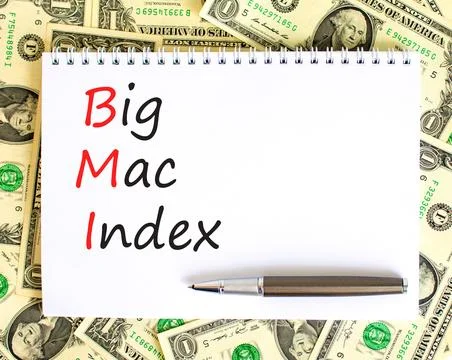 BMI big mac index symbol. Concept words BMI big mac index on white note on a  Stock Photos