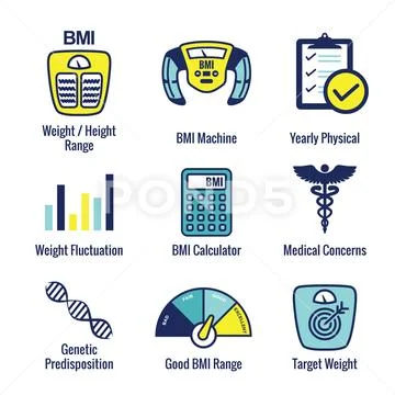 BMI / Body Mass Index Icons with scale, indicator, and calculator ...