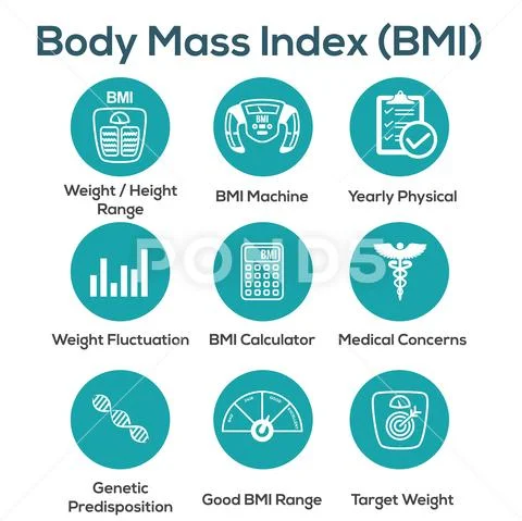 BMI / Body Mass Index Icons with scale, indicator, and calculator ...