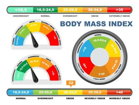 BMI chart, scale, vector illustration. Body mass index meter, weight control Stock Illustration