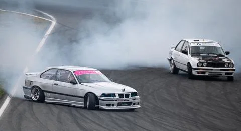 Bmw E36 drift at the Navarra circuit Stock Photos