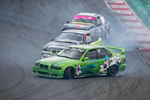 Bmw E36 drift at the Navarra circuit Stock Photos